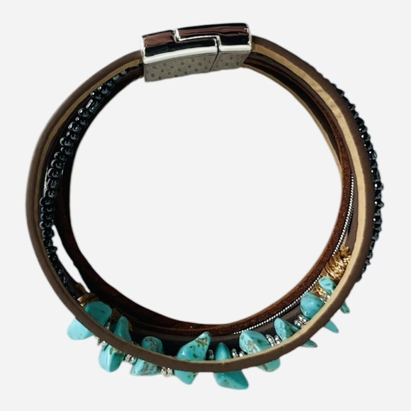 Multi Layer Turquoise Beads Magnetic Buckle Bohemian Wrap Bracelet Leather - Picture 6 of 7